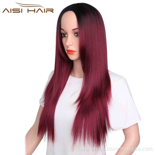 Aisi Hair Wholesale Women's Long Straight Wig Synthetic Ombre Red Wigs For Black Women Heat Resistant Fiber